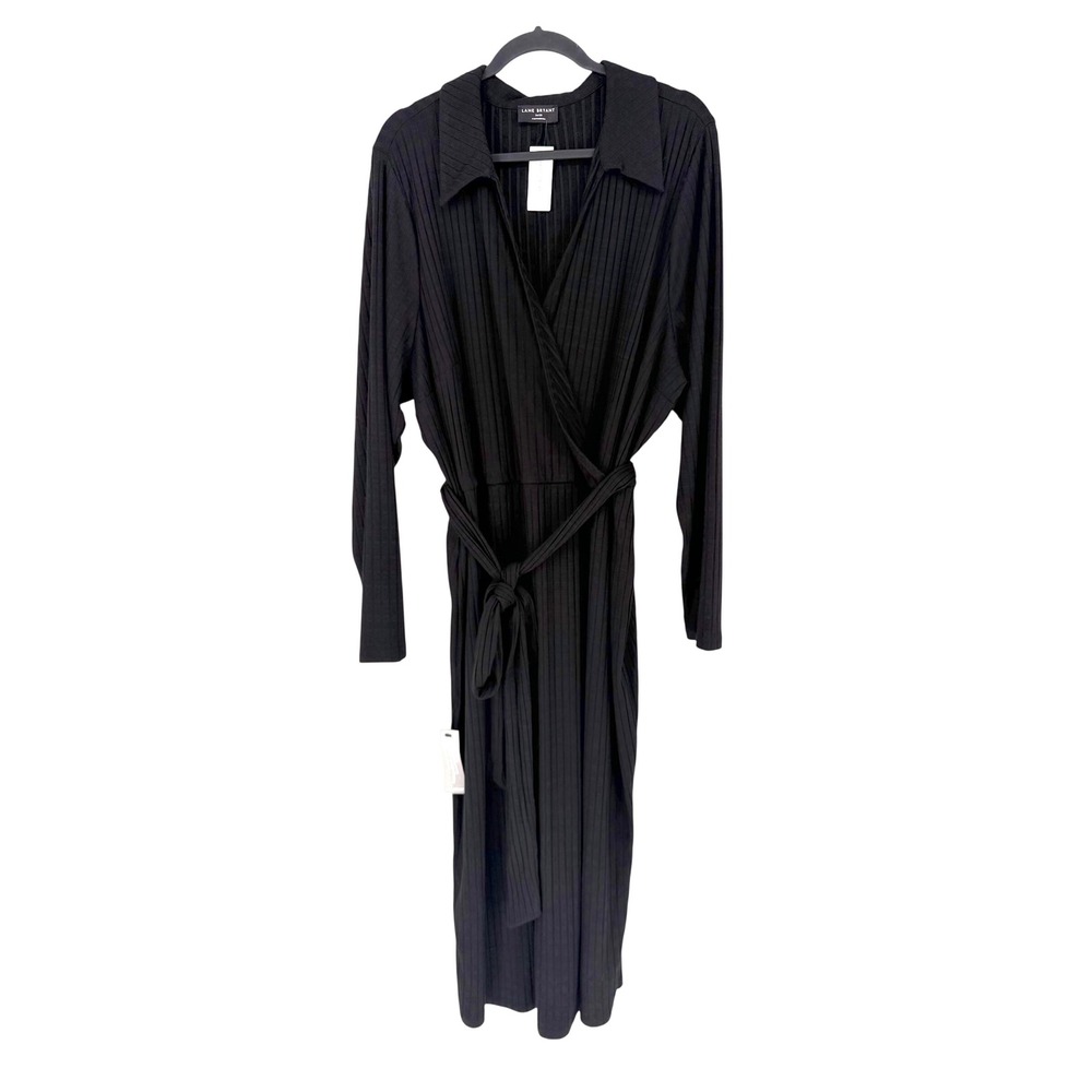 Lane Bryant Wrap Dress Ribbed Knit 26/28 Black Collared Midi Belted Goth Chic